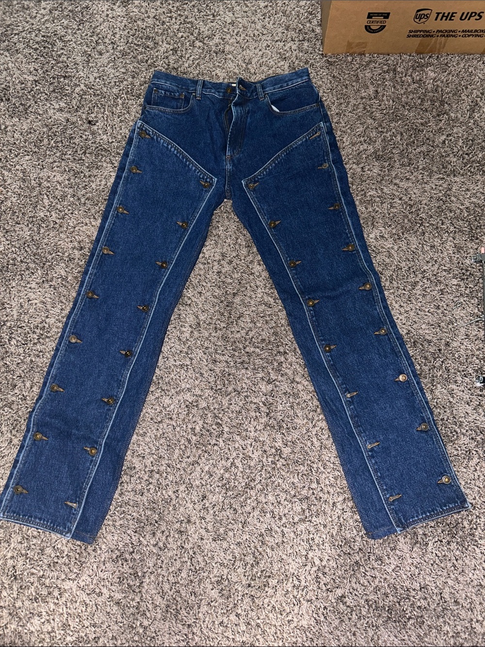 Y/Project Dark Blue Straight-Leg Jeans with Side Button Detail UNISEX